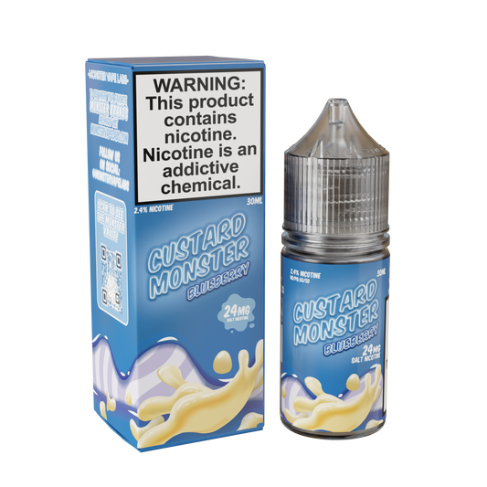 Custard Monster Salt - Blueberry 30ML E-Liquid bottle, showing a creamy custard and blueberry blend.