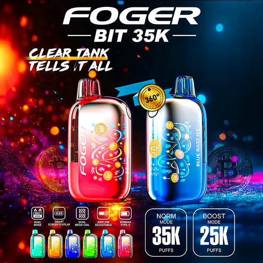 FOGER Bit 35K Disposable Device with OLED Display, Dual Mesh Coils, and Transparent Tank Design