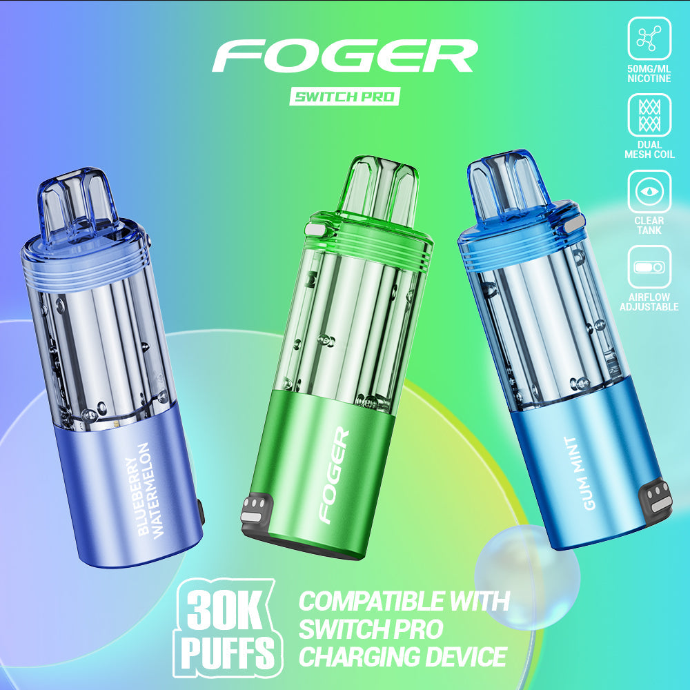 Three FOGER Switch Pro 30K Disposable Device PODs in blue, green, and purple colors, with a graphic indicating the device's capability of providing up to 30,000 puffs and the absence of a charging device.