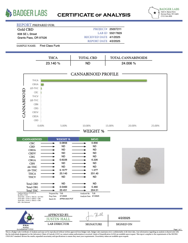 THCA Flower: First Class Funk | Greenhouse Gold Nuggets