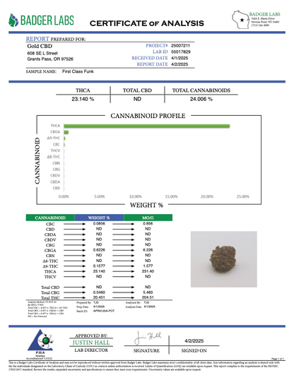 THCA Flower: First Class Funk | Greenhouse Gold Nuggets