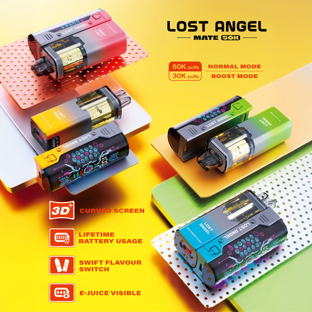 Lost Angel MATE 50K Disposable Device Kit – 50,000 puff smart pod system with 3D display.
