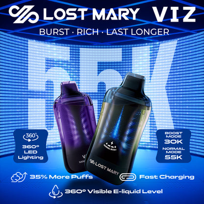 Lost Mary VIZ 55K Disposable Device with 360° transparent tank, LED lighting effects, and dual mesh coils