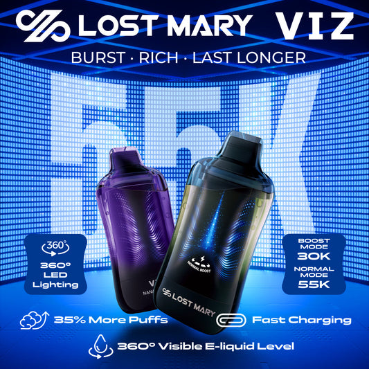 Lost Mary VIZ 55K Disposable Device with 360° transparent tank, LED lighting effects, and dual mesh coils