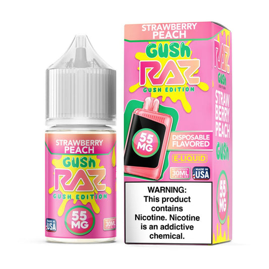 Pod Juice X RAZ Salt Strawberry Peach Gush 30mL E-Liquid Bottle with strawberry and peach fruit blend