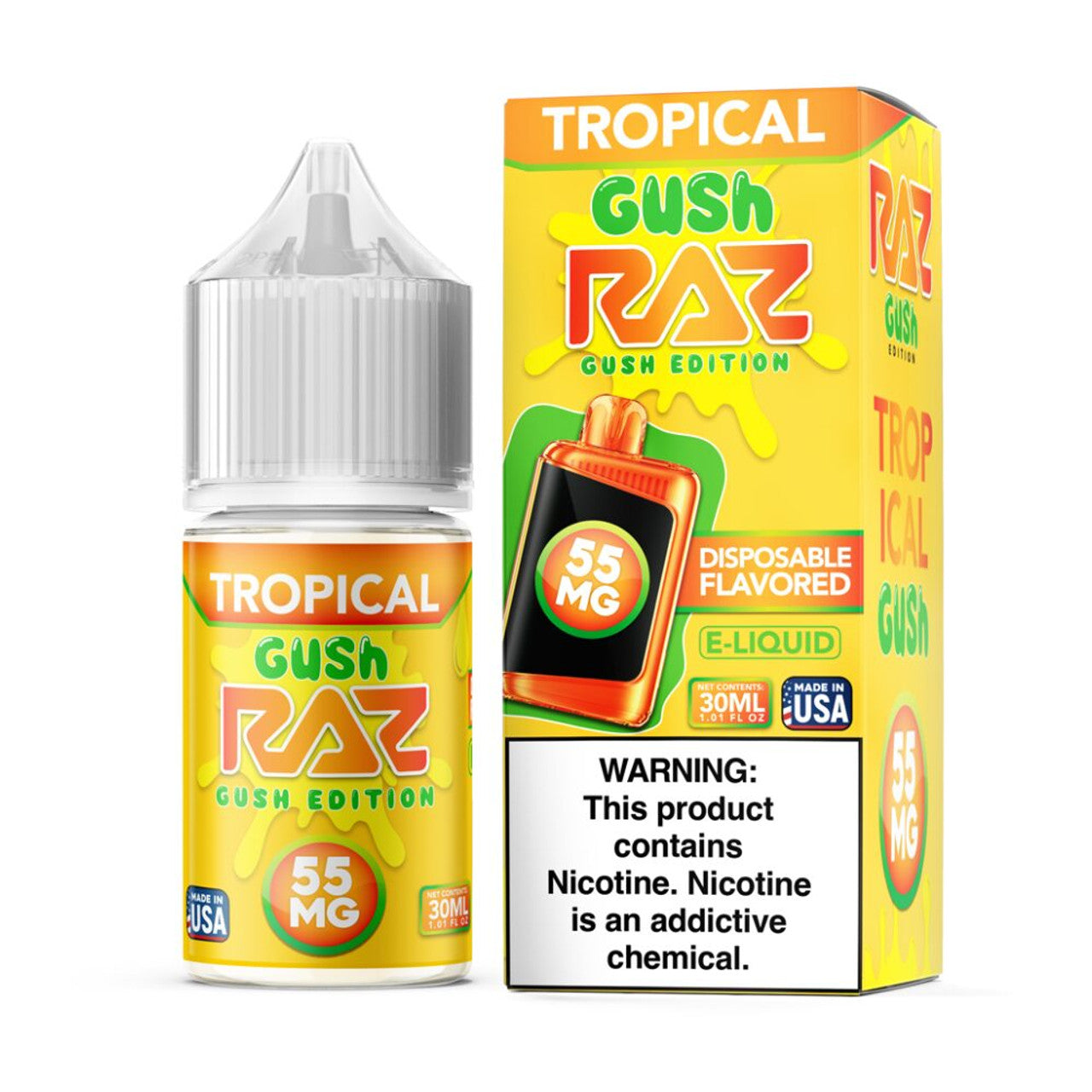 Pod Juice X RAZ Salt Tropical Gush 30mL E-Liquid Bottle with tropical fruit blend design