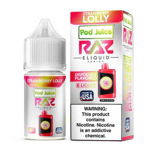 Pod Juice X RAZ Strawberry Lolly E-Liquid, 30mL bottle with sweet strawberry lollipop flavor.