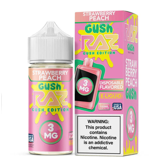 Pod Juice X RAZ Strawberry Peach Gush 100mL Freebase E-Liquid Bottle with strawberry and peach candy flavor