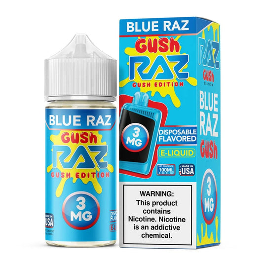 Pod Juice x RAZ Blue Raz Gush 100mL E-Liquid Bottle with blue raspberry candy flavor