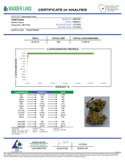 THCA Flower: Sunset Sherbet | Greenhouse Gold Nuggets
