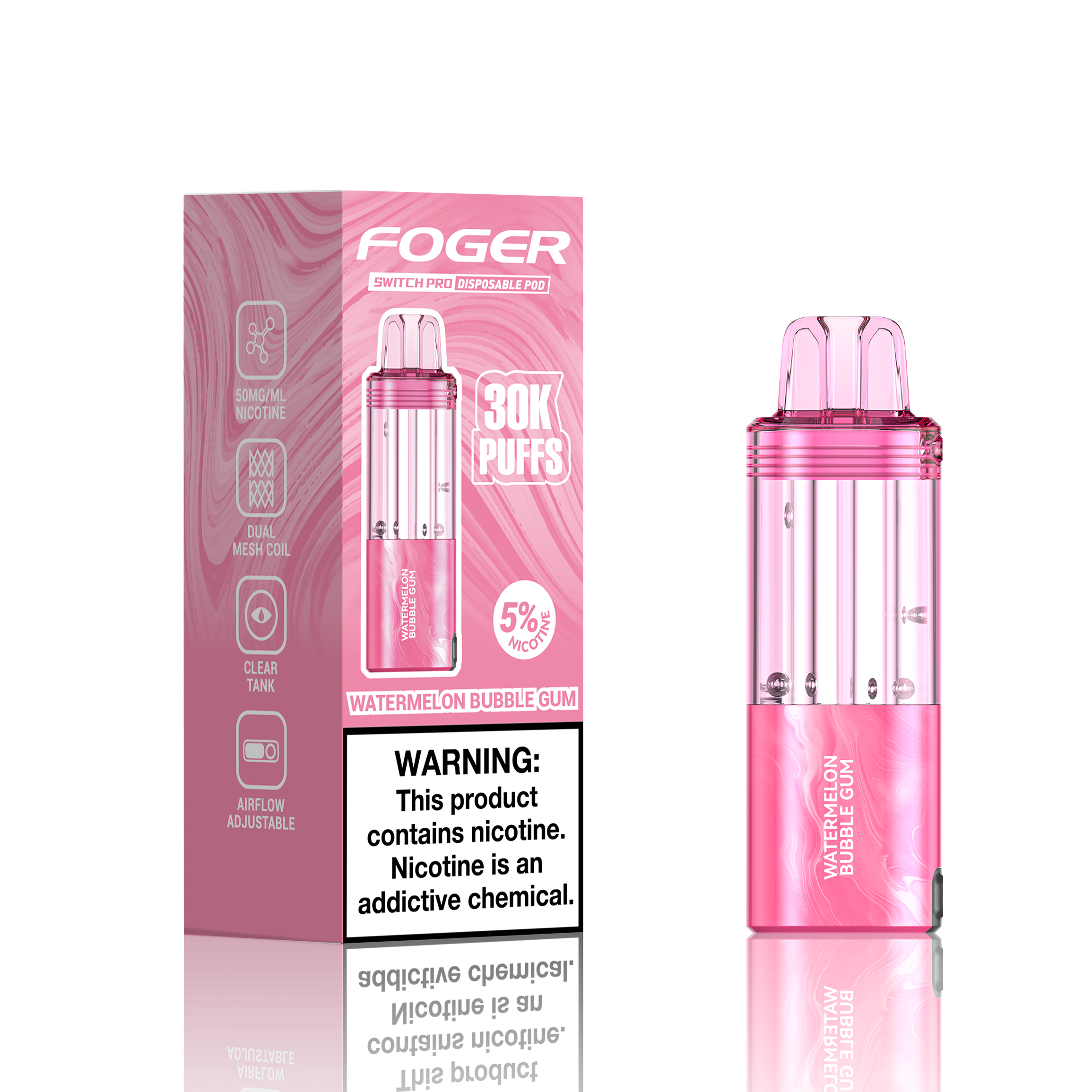 Pink vape device and packaging with 'FOGER' branding on a white background