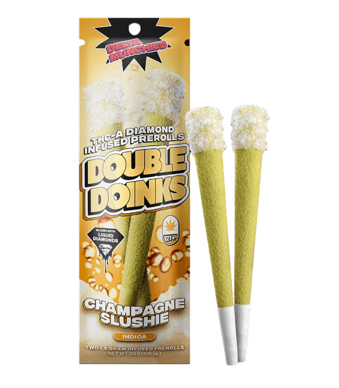 Packaging for Delta Munchies THC-A Diamond Infused Prerolls | 2pk (1.25 grams each), crafted with premium hemp and indicating an Indica strain with liquid diamonds. Two Delta Munchies THC-A diamond-infused joints are displayed next to the package.