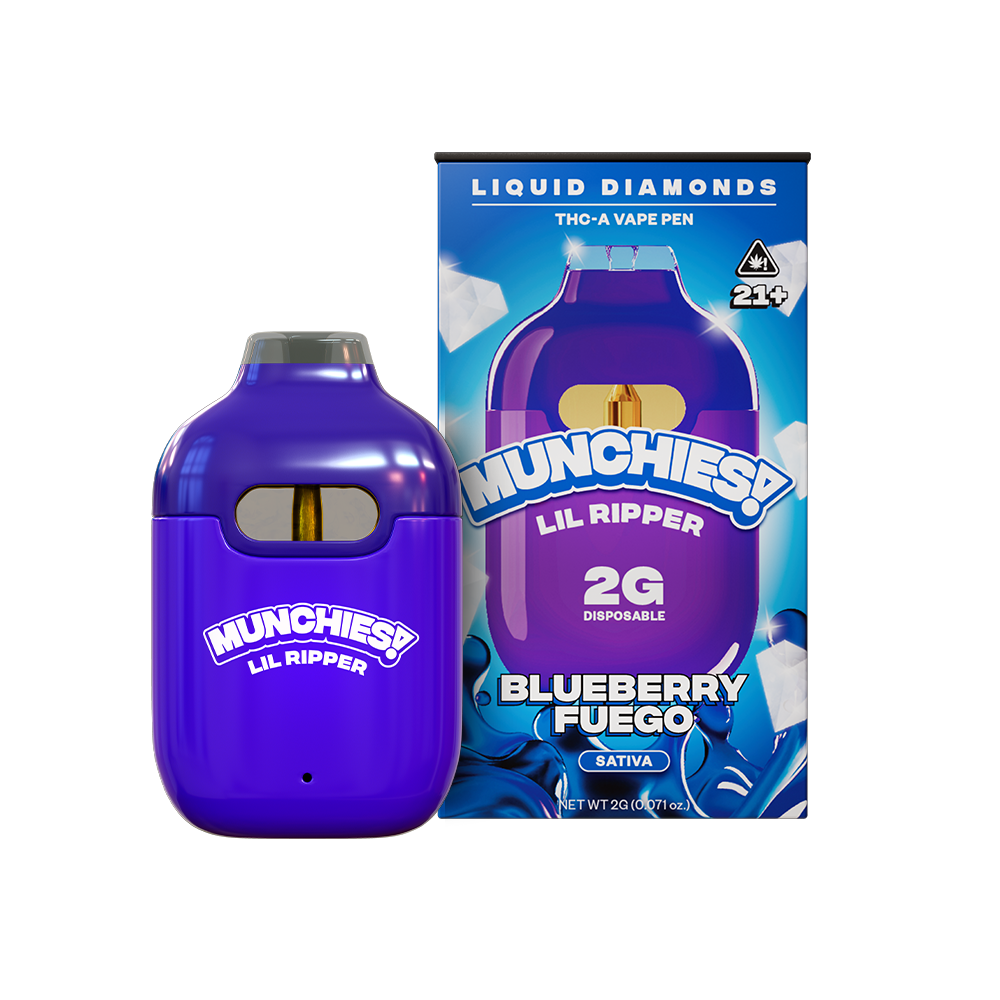 The Munchies Lil Ripper THCA Disposable Vape by Delta Munchies, with a 2g capacity and in the Blueberry Fuego Sativa flavor, is shown beside its vibrant blue packaging, which features an image of the vape pen.