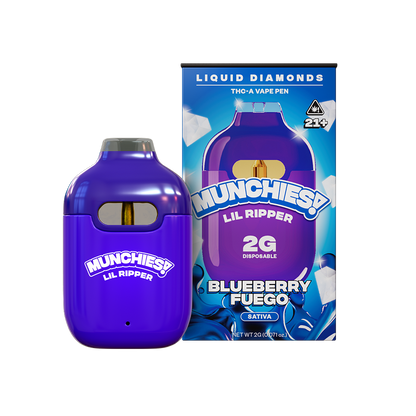 The Munchies Lil Ripper THCA Disposable Vape by Delta Munchies, with a 2g capacity and in the Blueberry Fuego Sativa flavor, is shown beside its vibrant blue packaging, which features an image of the vape pen.