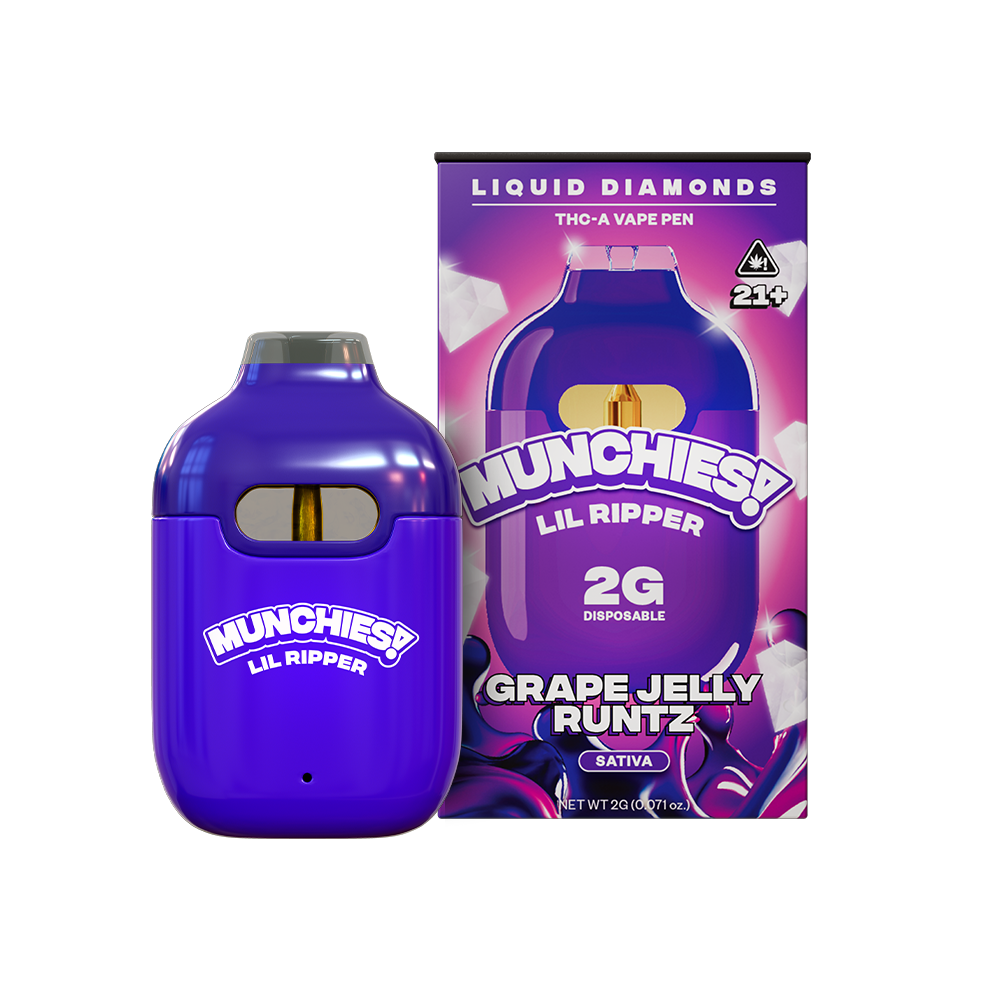 Image of a Delta Munchies Munchies Lil Ripper THCA Disposable Vape and its packaging, highlighting the Grape Jelly Runtz flavor. The box shows that it's a rechargeable vape pen with 2 grams and is categorized as sativa.