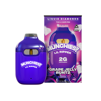 Image of a Delta Munchies Munchies Lil Ripper THCA Disposable Vape and its packaging, highlighting the Grape Jelly Runtz flavor. The box shows that it's a rechargeable vape pen with 2 grams and is categorized as sativa.