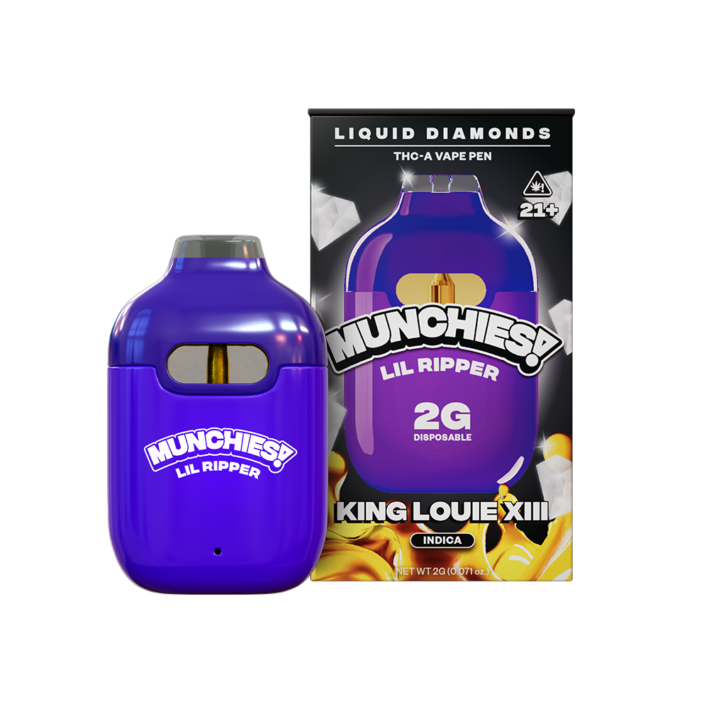 A purple Delta Munchies "Munchies Lil Ripper THCA Disposable Vape | 2g" sits beside its packaging, which mentions "THCA Liquid Diamonds" and "King Louie XIII.