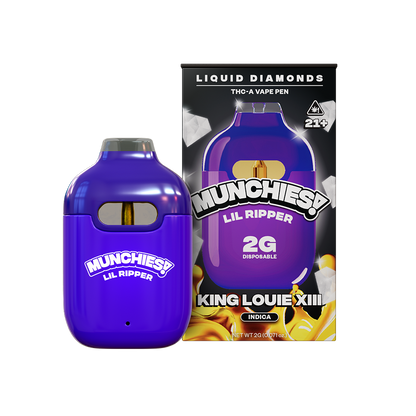 A purple Delta Munchies "Munchies Lil Ripper THCA Disposable Vape | 2g" sits beside its packaging, which mentions "THCA Liquid Diamonds" and "King Louie XIII.