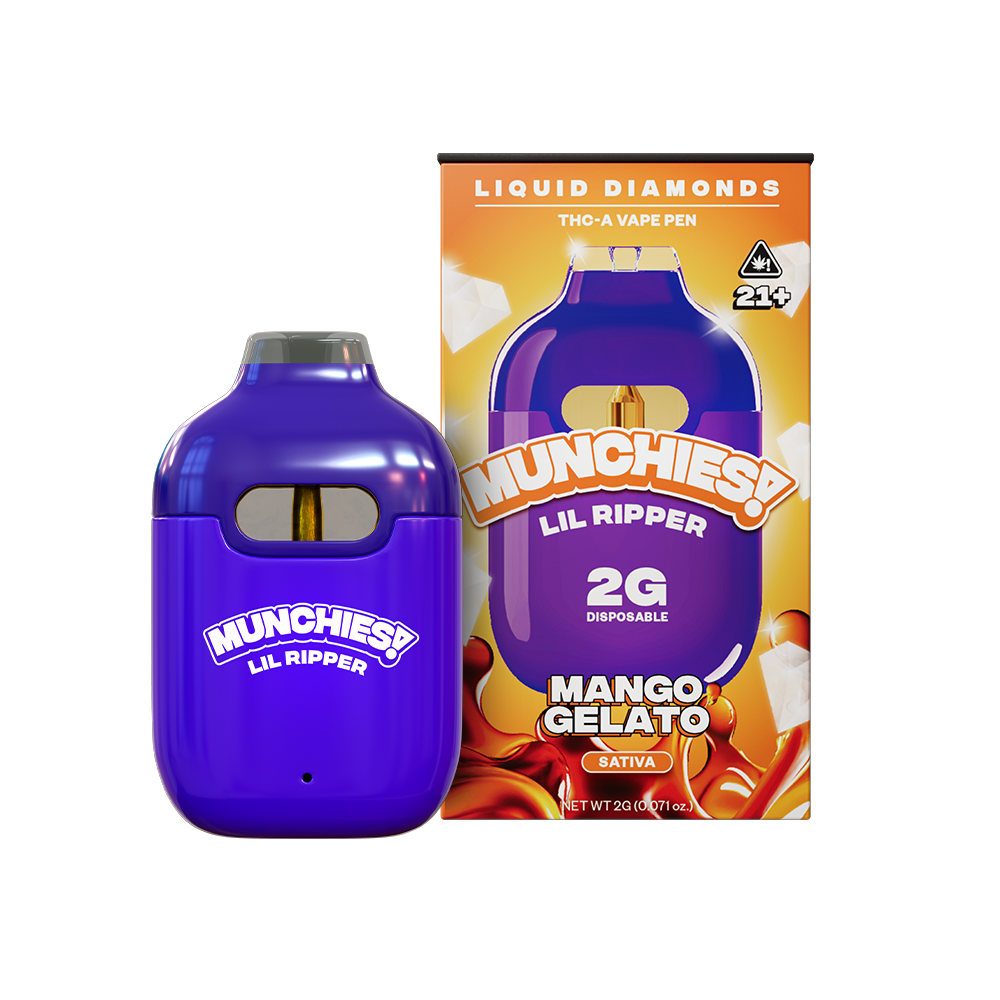 Image of a purple disposable vape device next to its packaging. The packaging reads "MUNCHIES! LIL RIPPER G" and "MANGO GELATO" with a "21+" age restriction symbol. This Munchies Lil Ripper THCA Disposable Vape | 2g by Delta Munchies is among the sleek rechargeable vapes offering delightful flavors for connoisseurs.