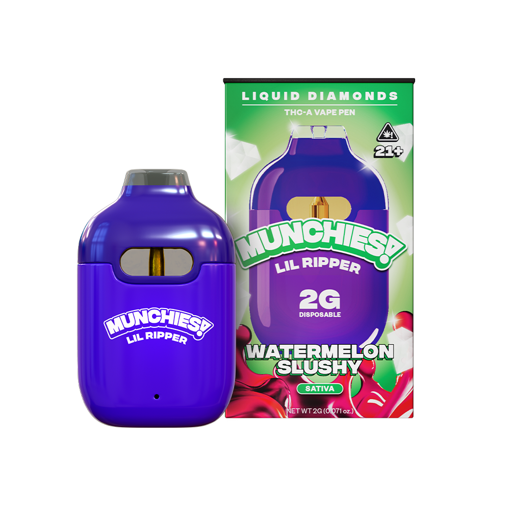 A purple vape pen labeled "Munchies Lil Ripper" sits beside packaging adorned with images of watermelon slices, featuring the text "Watermelon Slushy." The packaging indicates that it's a 2g disposable THCA Liquid Diamond Vape Pen from Delta Munchies, boasting lab-tested quality.